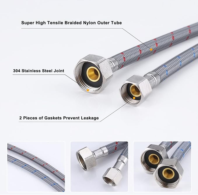 Faucet Supply Lines 3/8" Comp x 1/2" Comp Connector, ARCORA 24 Inch Length Bathroom Kitchen Faucet Hose Braided Nylon Water Supply Line 3/8 Inch x 1/2 Inch Compression Connection 2Pcs (1 Pair)