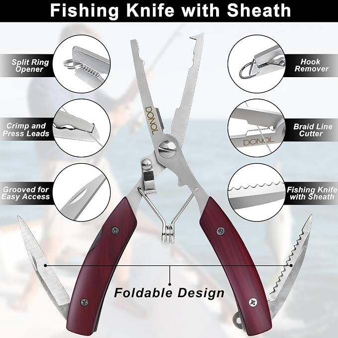 DONQL 6in Fishing Pliers Tools Kit, Fishing Pliers Hook Remover, Fishing Scissors Line Cutter, Saltwater Resistant Fishing Gear with Lanyard, Multifunctional Fishing Hook Remover Gifts