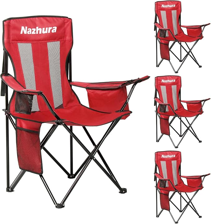 Nazhura 4 Pack Outdoor Camping Chairs Folding/Foldable/Portable with Cooler Pouch, Mesh Backrest and Cup Holder Pocket (Red, 4 Pack)