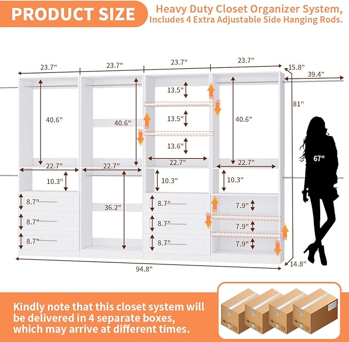 Closet System with 4 Sets, 8–21 FT Closet System with 6 Drawers, 9 Shelves & 8 Hanging Rods, Max 252″ Closet Organizer System for Walk in Closets, Modular Custom Wood Closet Kit with Shoe Racks, White