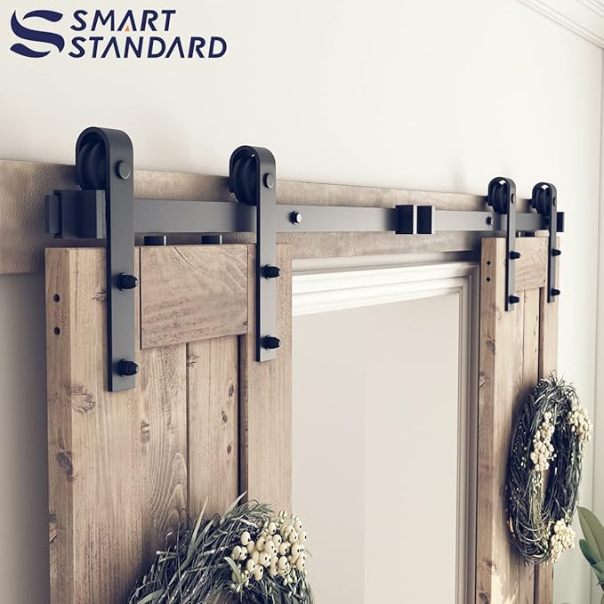 SMARTSTANDARD 6FT Double Barn Door Hardware Kit, Sliding Door Track-Smoothly and Quietly -Includes Detailed Installation Fit 18" Wide Doorpanel (J Shape Hanger) Black