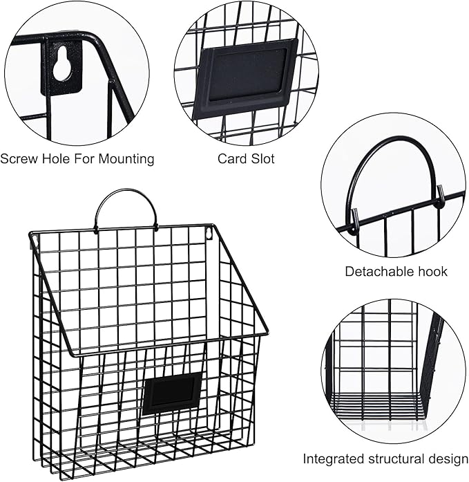 Hanging Wall File Organizer Metal Wall Mounted File Holder Folder with Handles and Hooks, Magazine Document Rack, for Home Office or Decor, 3 Packs (Patent Pending)