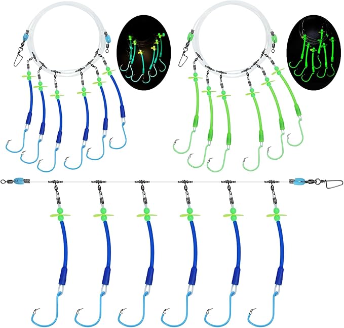 Pre-Rigged Deep Drop Saltwater Rigs – Glow Tubes, Hooks, Beads & Spinner Blade – 6/0 8/0 Circle Hooks for Snapper/Grouper/Tilefish (3/6 Hooks)