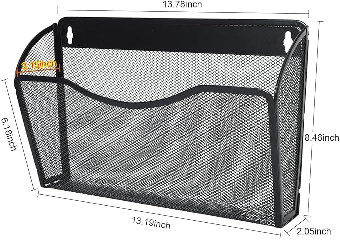 PAG 6 Pockets Wall File Holder Office Hanging File Organizer Metal Wall Mount Magazine Rack, Black