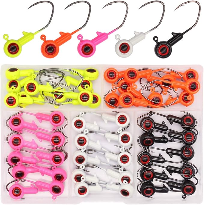 XFISHMAN Crappie-Jigs-Heads-Kit 1/8 1/16 1/32oz 50 Pack Panfish Fishing Jigs Lead Head Jig Hook Lure