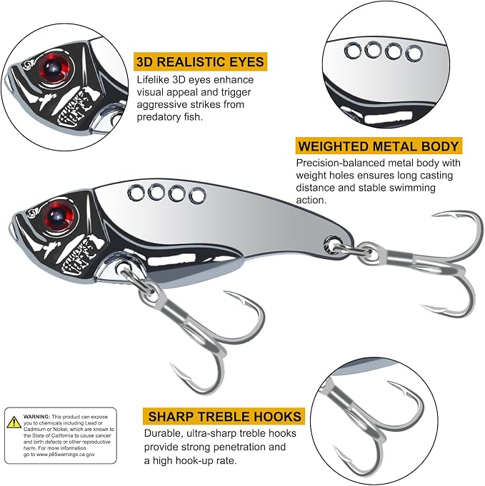 VIB Metal Lures Zinc Alloy Fishing Blade Spinner Bait with Treble Hooks Fishing Spoons Lures Pack of 5