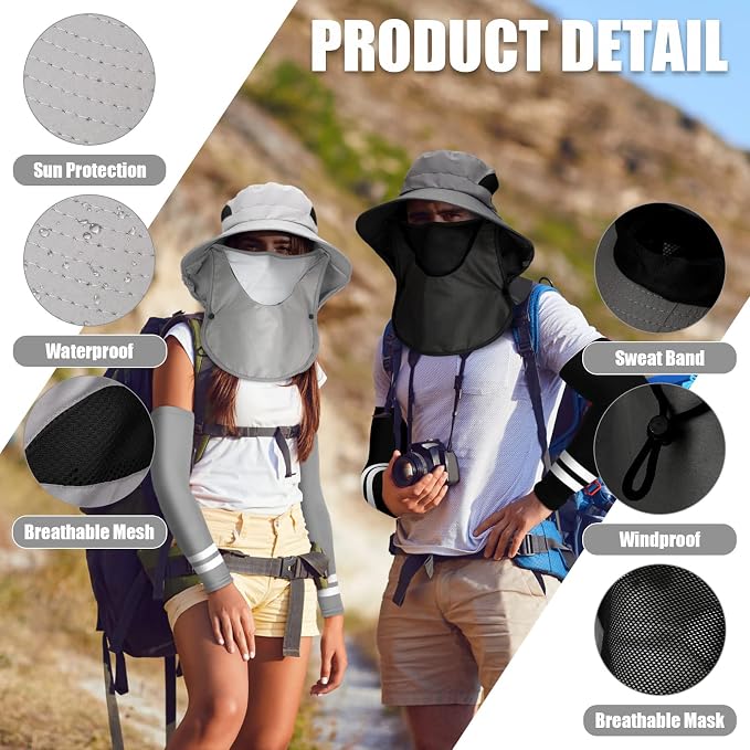 Berlune 6 Pcs Sun Hats for Men Women Fishing Hats with Face Cover and Arm Sleeves Outdoor Wide Brim Hat Summer UV Sun Protection Hat for Fishing Hiking Gardening