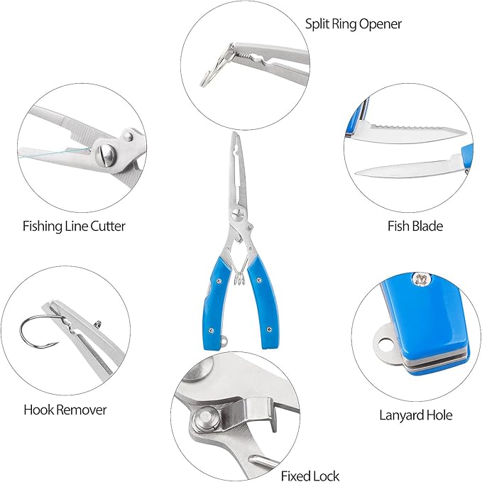 BASUNE Fishing Pliers and Fish Hook Remover with Line Cutter, Curved Nose Hook Remover Tackle Tool with Nylon Sheath and Fishing Gear Set (Blue)