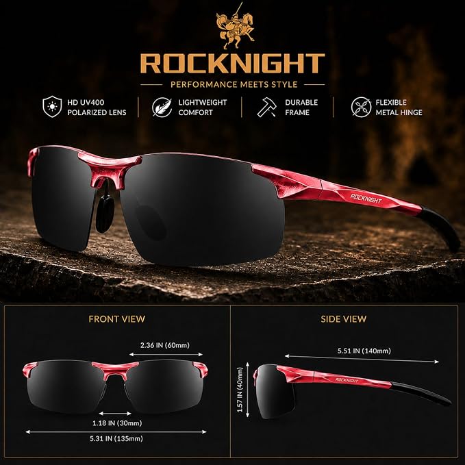 ROCKNIGHT Polarized Rectangular Sunglasses for Men Driving UV400 Protection Lightweight Al‑Mg Frame