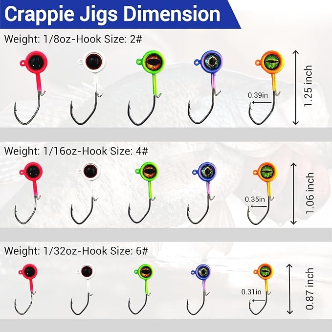 60Pcs Big Eye Crappie Jig Heads Kit, Bright Color Panfish Fishing Jig Heads Hook with Wired Bait Keeper Swimbait Jighead for Crappie Walleye 3 Sizes 1/32oz 1/16oz 1/8oz