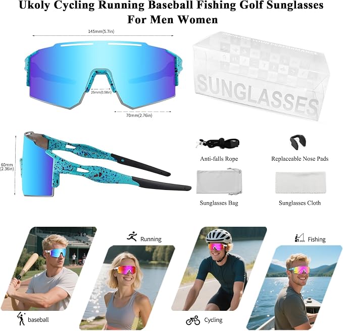 Ukoly Cycling Sunglasses for Men Women with 3 Interchangeable Lenses, Polarized Sports Sunglasses, Baseball Sunglasses