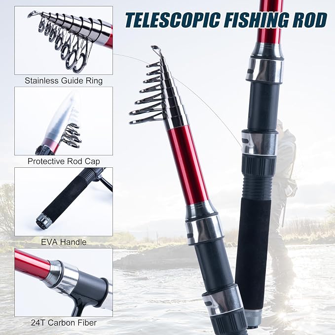 Goture Fishing Rod and Reel Combos-2PCS Telescopic Fishing Pole+2PCS Spinning Reels with Carrier Bag,1.8M-2.7M Telescopic Rod Reel Kit for Starter Travel Saltwater Freshwater,Gifts for Men
