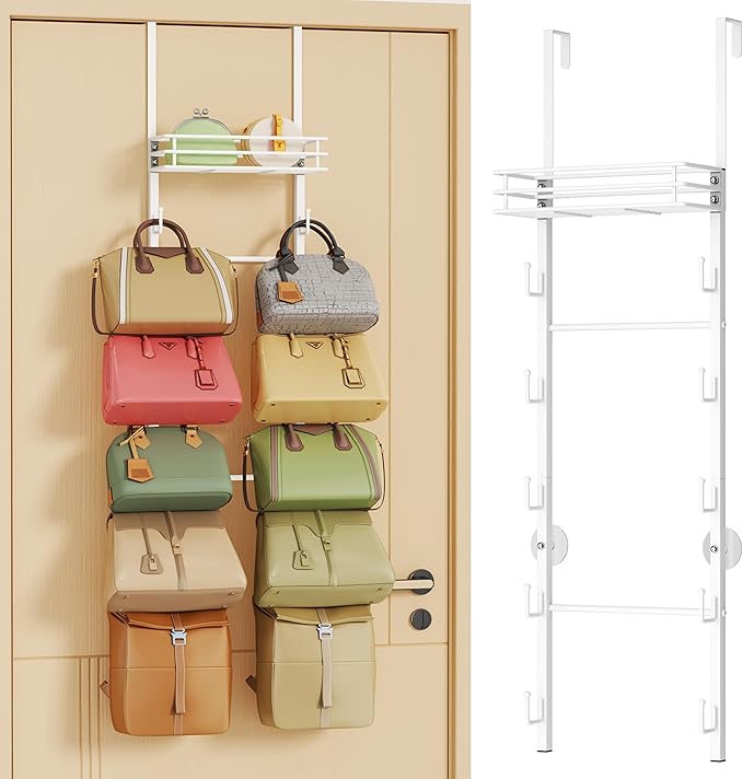 HapiRm Over The Door Purse Organizer - Wall Mounted Purse Rack with 10 Hooks and Metal Basket, Hanging Handbag Organizer Holds up to 10 Bags, Bag Rack Can Use As 1/2 Part, for Door, Closet (White)