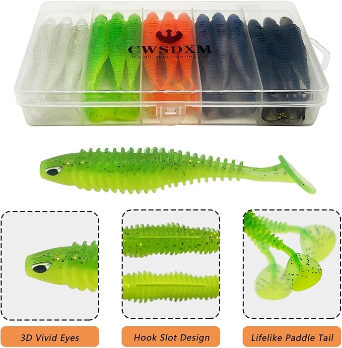 Soft Fishing Lures, 6.5cm/8cm Paddle Tail Swimbaits Soft Plastic Lures Kit for Bass Trout Walleye Crappie 30pcs/40pcs…