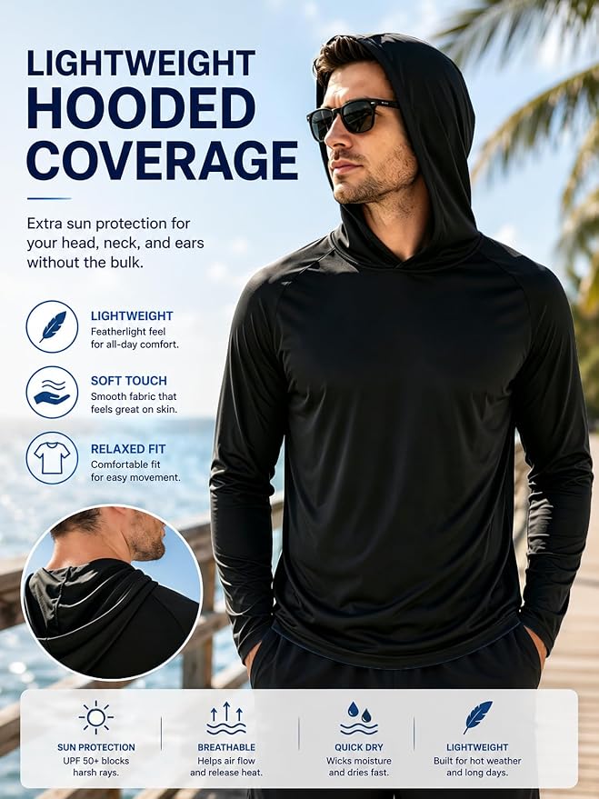 ZITY 3 Pack Men's Sun Protection Hoodie Shirt Fishing Shirts for Men UPF 50+ Long Sleeve Shirt Lightweight Rash Guard