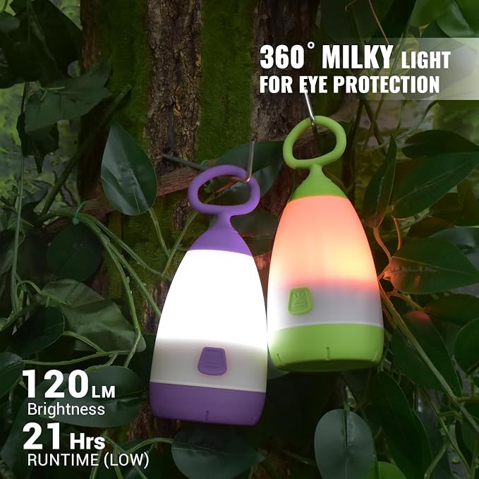 2-Pack Kids Camping Lantern & Night Light, Battery Powered, 360° Eye-Safe Light, IPX4 Waterproof RGB Portable for Slumber Party (Purple & Green, 6× AAA Included)