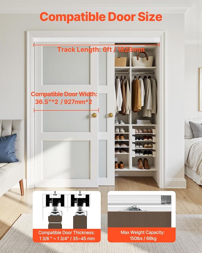 VEVOR Bypass Door Hardware, 6ft Heavy Duty Bypass Sliding Door Hardware Kit, Aluminum Alloy Sliding Closet Door Hardware Set for 2 Door System, Fit Door Thickness 1 3/8" - 1 3/4", Easy to Install