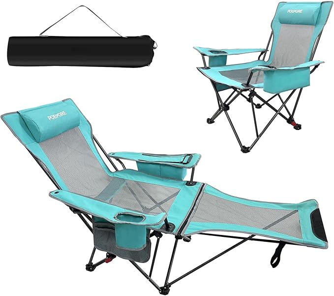 Reclining Camping Chair 4 Position with Foot Rest Comfortable for Adults 265Ibs Folding Lounger Mesh Beach Chair with Cooler Bag and Cup Holder for Outdoor Patio
