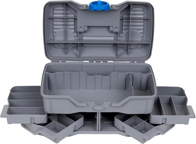 Flambeau Outdoors Next Gen 4/0 Medium Fishing Tackle Box - 4 Pivot Trays, 23 Compartments, Includes 25-piece Tackle Kit, Fishing Tackle and Gear Storage, Fishing Lure Organizer, Light Gray