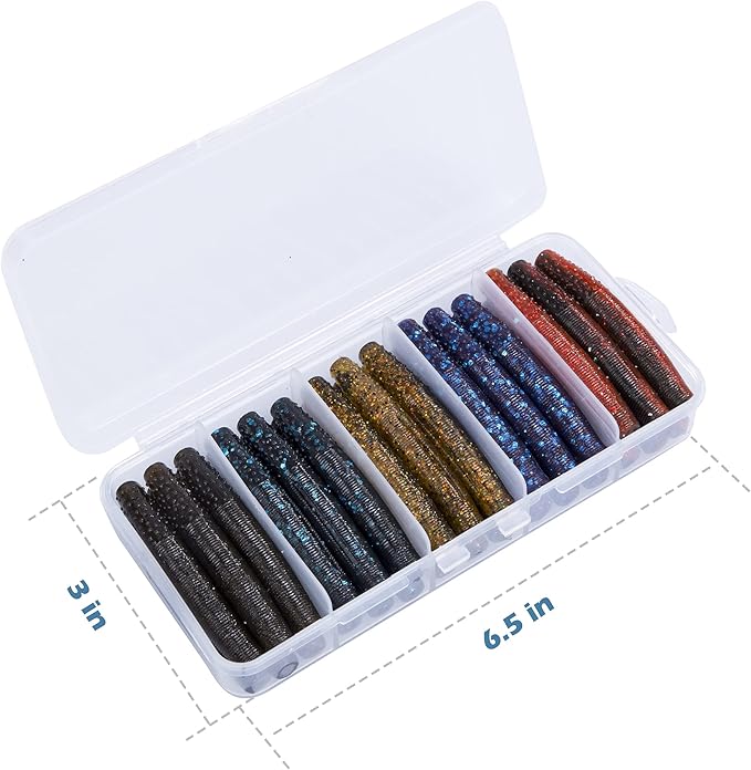 Soft Plastic Worm Fishing Lures Kit, Finesse TRD Stick Worms and Ned Rig Baits with Jig Heads for Bass Fishing, Freshwater Bass Soft Baits