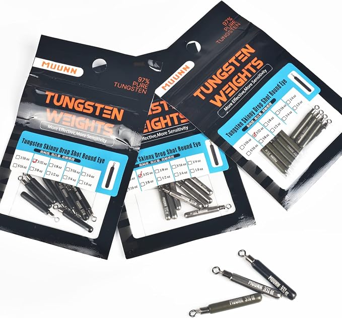 10 Pack Tungsten Skinny Drop Shot Weights, Pencil Sinkers with Round Eye for Free Rig & Finesse Bass Fishing, Drop Shot Rig Weights