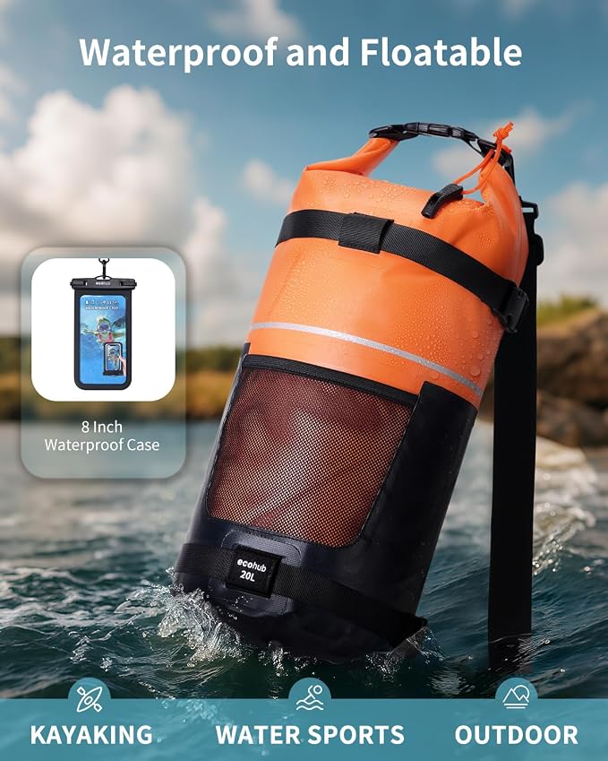 ECOHUB Waterproof Dry Bag for Women Men, 5L/10L/20L Roll Top Lightweight Dry Storage Bag Backpack for Travel Kayaking Hiking Floating with Waterproof Phone Case