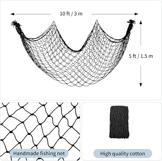 Decorative Fishing Net 2 Pack, 5x10 ft Large Black Fish Net Decor for Wall, Photo Display, Nautical Mermaid Pirate Ocean Themed Beach Hawaii Under the Sea Party Decorations