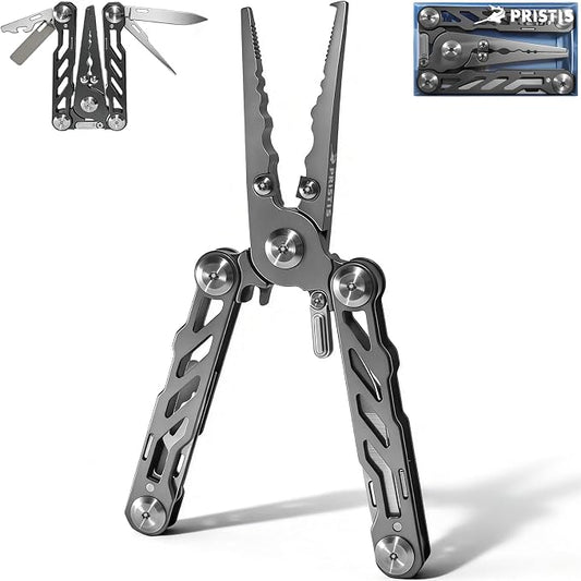 Pristis Foldable Fishing Pliers with Multitools, Saltwater Resistant Titanium Coated Stainless Steel, Portable Full-Sized Forceps with Tungsten Line Cutter, Ring Splitter, Hook Remover and Multi Tool