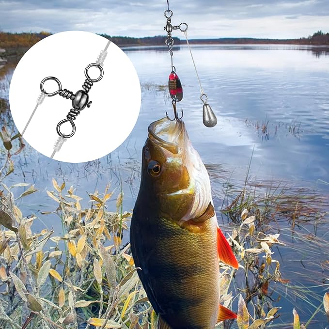 Realure 100Pcs Three Way T-Shape Fishing Swivels, 5 Sizes 6#~12# Black Nickel Stainless Steel Terminal Tackle, Freshwater Saltwater Three-Way Rig Connector for Catfish Walleye Bottom Fishing