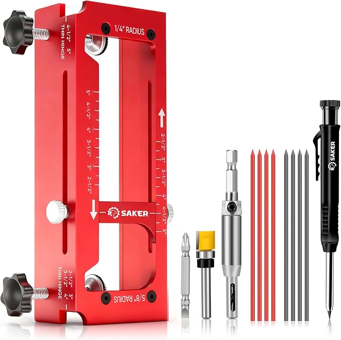 Saker Door Hinge Jig and Deep Hole Pencil Set,Aluminum Alloy Doors Hinges Router Jig,Adjustable Doors Jamb Hinge Jigs,Fits Door Hinges from 2.5" to 5" Length and Thicknesses,Radius 1/4” or Radius 5/8”