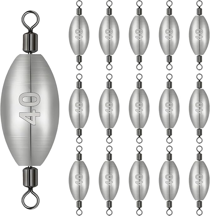 Inline Trolling Weights with Swivel, Fishing Sinkers for Catfish Bass Saltwater Freshwater, Anti-Twist Smooth Rolling Egg Sinker Design, Assorted Sizes Fishing Weights Kit