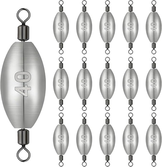 Inline Trolling Weights with Swivel, Fishing Sinkers for Catfish Bass Saltwater Freshwater, Anti-Twist Smooth Rolling Egg Sinker Design, Assorted Sizes Fishing Weights Kit