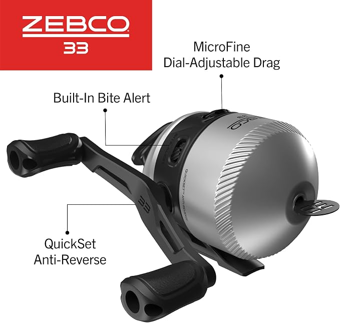 Zebco 33 Spincast Fishing Reel, Size 30 Reel, Right or Left-Hand Retrieve, 10-Pound Zebco Cajun Fishing Line, Silver/Black (Clam Packaging)