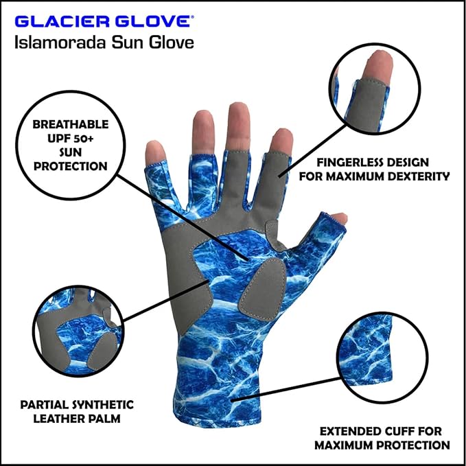 Glacier Glove Islamorada 50+ Sun Protection Durable Lightweight Breathable Quick-Dry Fingerless Outdoor Fishing Sun Glove