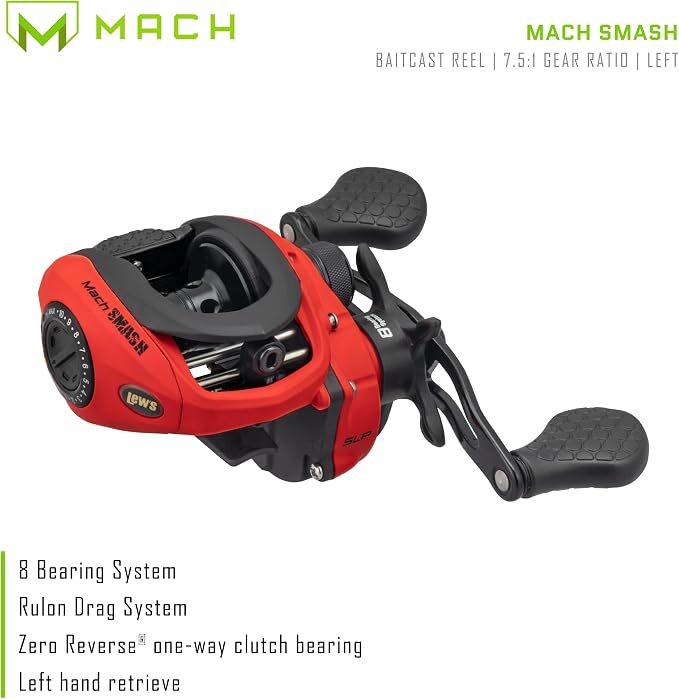 Lew's MACH Smash Baitcast Fishing Reel, Graphite Frame, Premium 8 Stainless Steel Ball Bearings