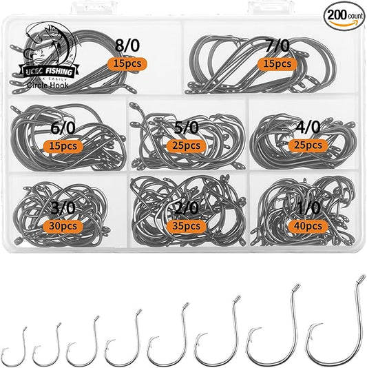 UCEC Circle Hooks Fishing Hooks 2X Strong Offset Circle Hooks Saltwater Black High Carbon Steel Octopus Catfish Fishing Hooks Fishing Gear Tackle 150pcs/ 240pcs - Size:#1 1/0 2/0 3/0 4/0 5/0 6/0 8/0