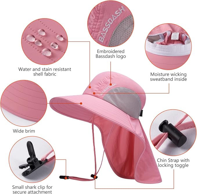 BASSDASH UPF 50+ Unisex Water Resistant Wide Brim Sun Hat with Large Neck Flap Ponytail Fishing Hat for Men Women