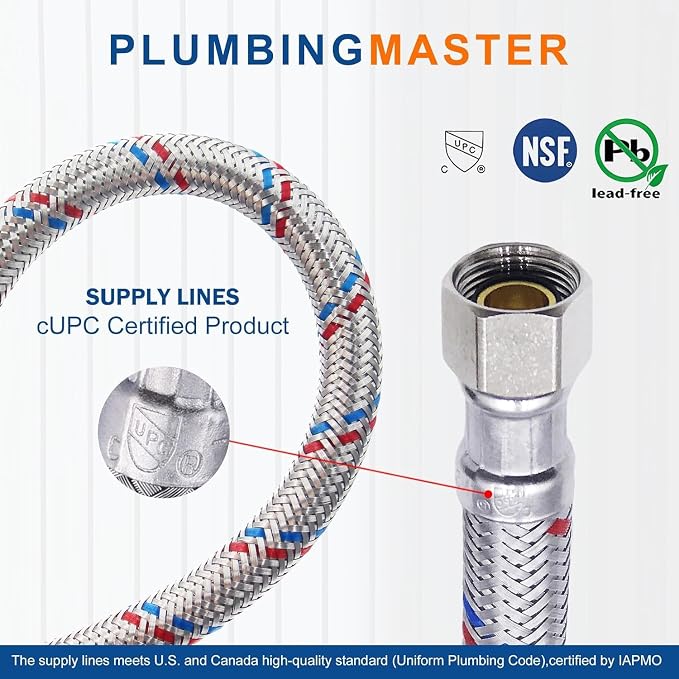 PLUMBINGMSTER 72" Faucet Hose Connector, 3/8" Comp x 1/2" FIP Braided Stainless Steel Faucet Water Supply Lines for Bathroom Kitchen Sink Faucet 2Pcs