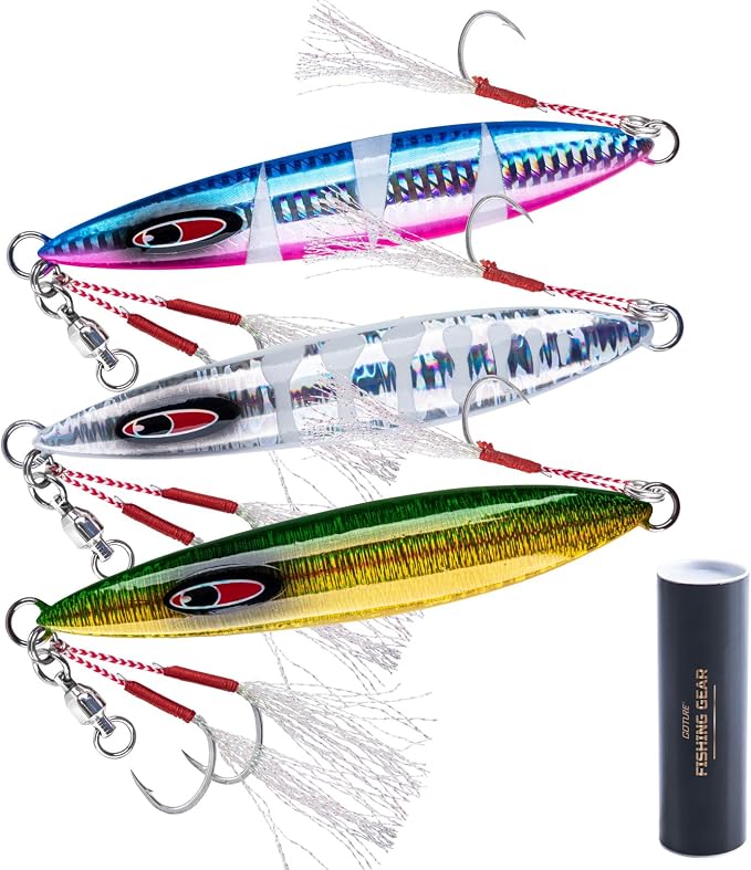 Goture Slow Pitch Jigs, Glow Flat Fall Jig Fishing Lure with Double Assist Hooks and Swivel, Fishing Jigs Saltwater 40g-250g Deep Sea Fishing Jigging Lures for Tuna,Dogtooth Tuna, Yellowtail,Kingfish