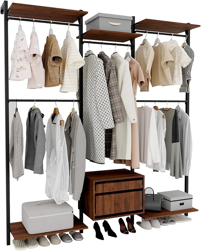 Wall-Mounted Steel & Wood Closet Organizer System with 4 Adjustable Shelves, 5 Hanging Rods, and 2 Drawers – Modern Open Wardrobe, Walnut