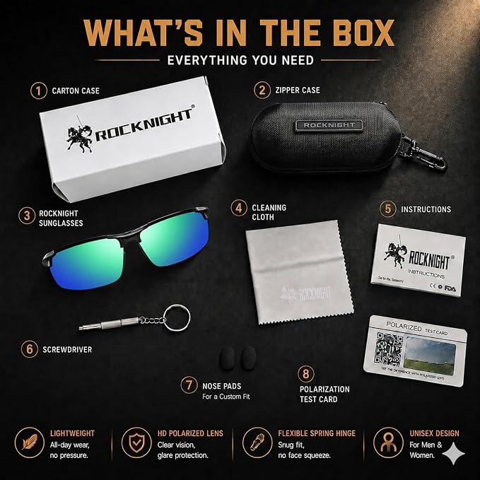 ROCKNIGHT Polarized Rectangular Sunglasses for Men Driving UV400 Protection Lightweight Al‑Mg Frame