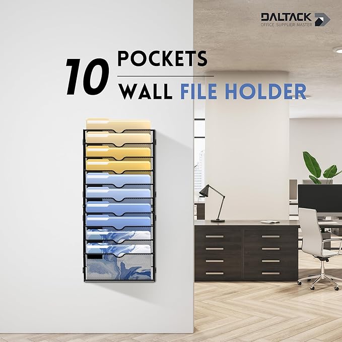 DALTACK Wall File Organizer, 10 Tier Hanging File Organizer, Mail Organizer Wall Mounted for Papers Folders Clipboard Magazine, Office Cubicle Organization & Storage, Assembly Needed, Mesh Black