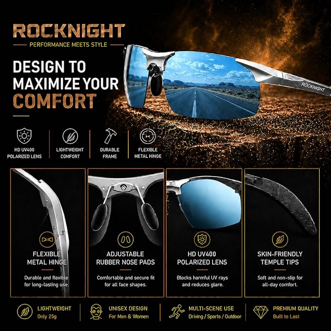 ROCKNIGHT Polarized Rectangular Sunglasses for Men Driving UV400 Protection Lightweight Al‑Mg Frame