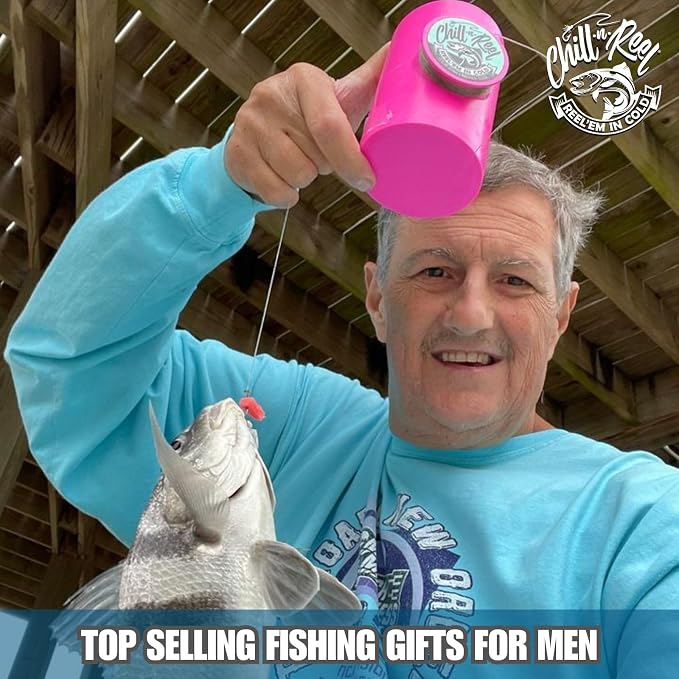 Made in USA | Fishing Can Cooler from Shark Tank | Hard Shell Drink Holder with Hand Line Reel | Fits Most Can Sleeves or Coozies | Unique Fishing Gift for Men | Retail Box Packaging | Pink