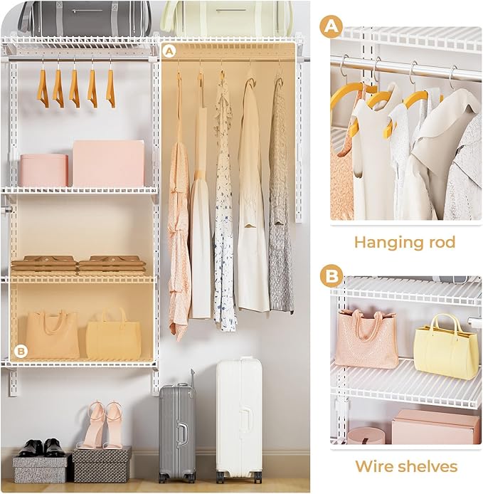 Wire Closet Organizer System, Wall Mounted 6.5 Ft. Custom Closet Kit for Bedrooms, Adjustable Storage Shelves for Clothes, Shoes, and Handbags