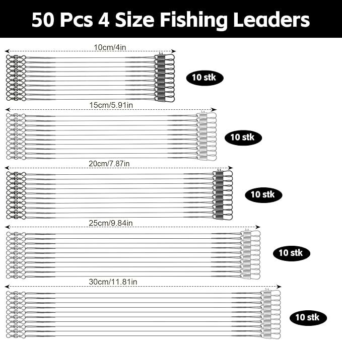 DONQL 50pcs Fishing Leaders, Stainless Steel Fishing Wire Traces Pike Fishing, 10/15/20/25/30cm Anti-Bite Fishing Wire Trace Leaders with Rolling Swivels and Snaps for Bait Rigs Saltwater