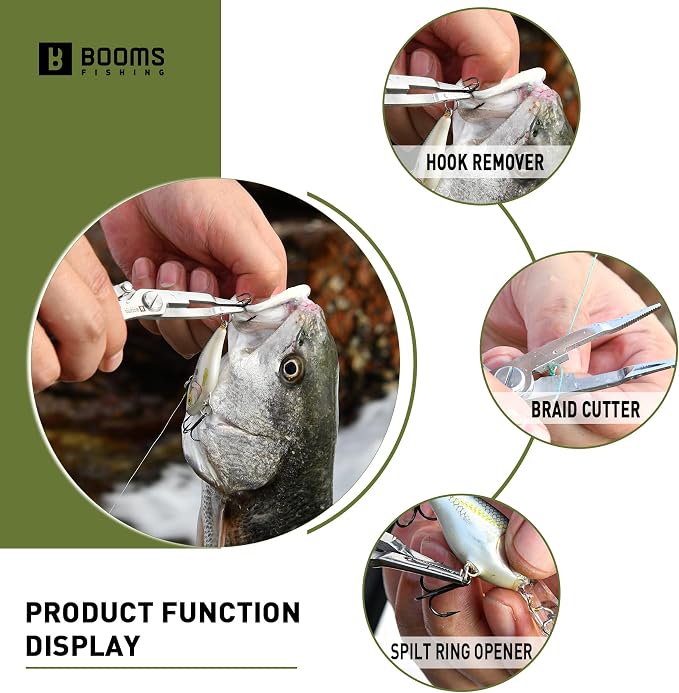 Booms Fishing H01 Small Fishing Pliers Scissors Braid Cutters Stainless Steel Fishing Tools Split Ring Pliers Hook Remover
