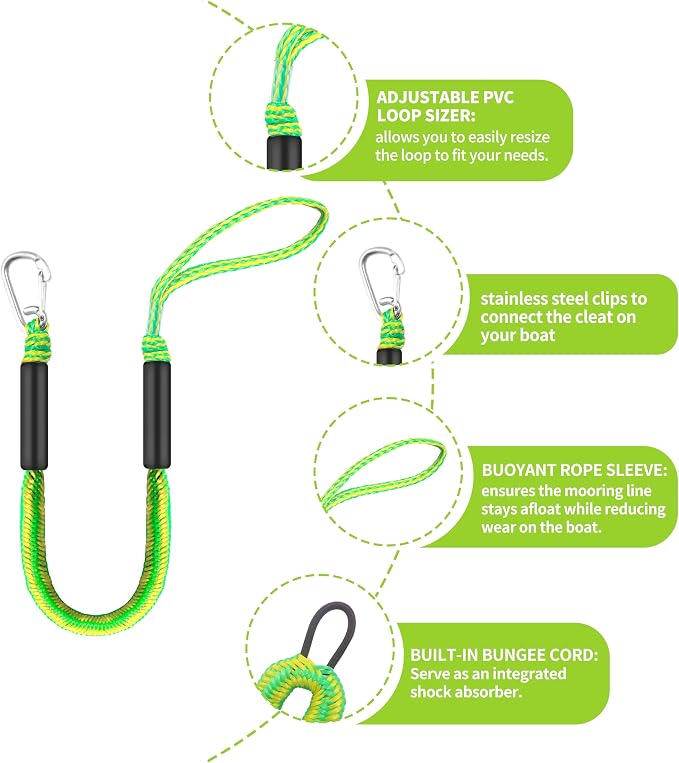 Boat Bungee Dock Lines – Adjustable Boat Tie Downs for Pontoon, Jet Ski, PWC, Kayak | Single Hook Small Cruiser Mooring Lines | (2, Green & Yellow, 3 Feet)