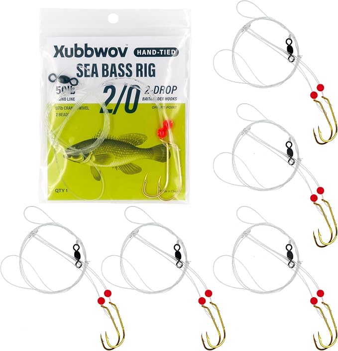 Sea Bass Rigs, Hand-Tied 6-Pack Hi-Lo Saltwater Fishing Rigs with 2/0 & 3/0 Gold Baitholder Hooks, 50lb Mono Leader, Sinker Loop & 97lb Swivel for Porgy, Fluke, Tautog and Bottom Fishing