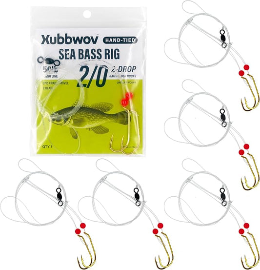 Sea Bass Rigs, Hand-Tied 6-Pack Hi-Lo Saltwater Fishing Rigs with 2/0 & 3/0 Gold Baitholder Hooks, 50lb Mono Leader, Sinker Loop & 97lb Swivel for Porgy, Fluke, Tautog and Bottom Fishing